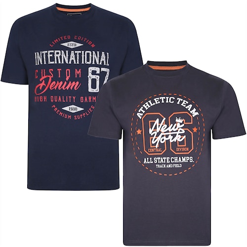 KAM Twin Pack Athletic/Customs T-Shirts Indigo/Charcoal